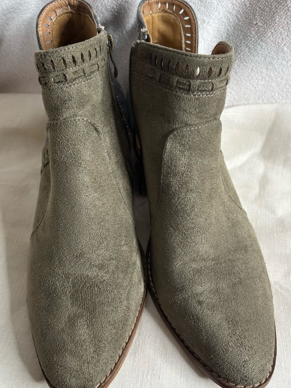Olive Suede Ankle Booties — Women's Zip-Back Booties